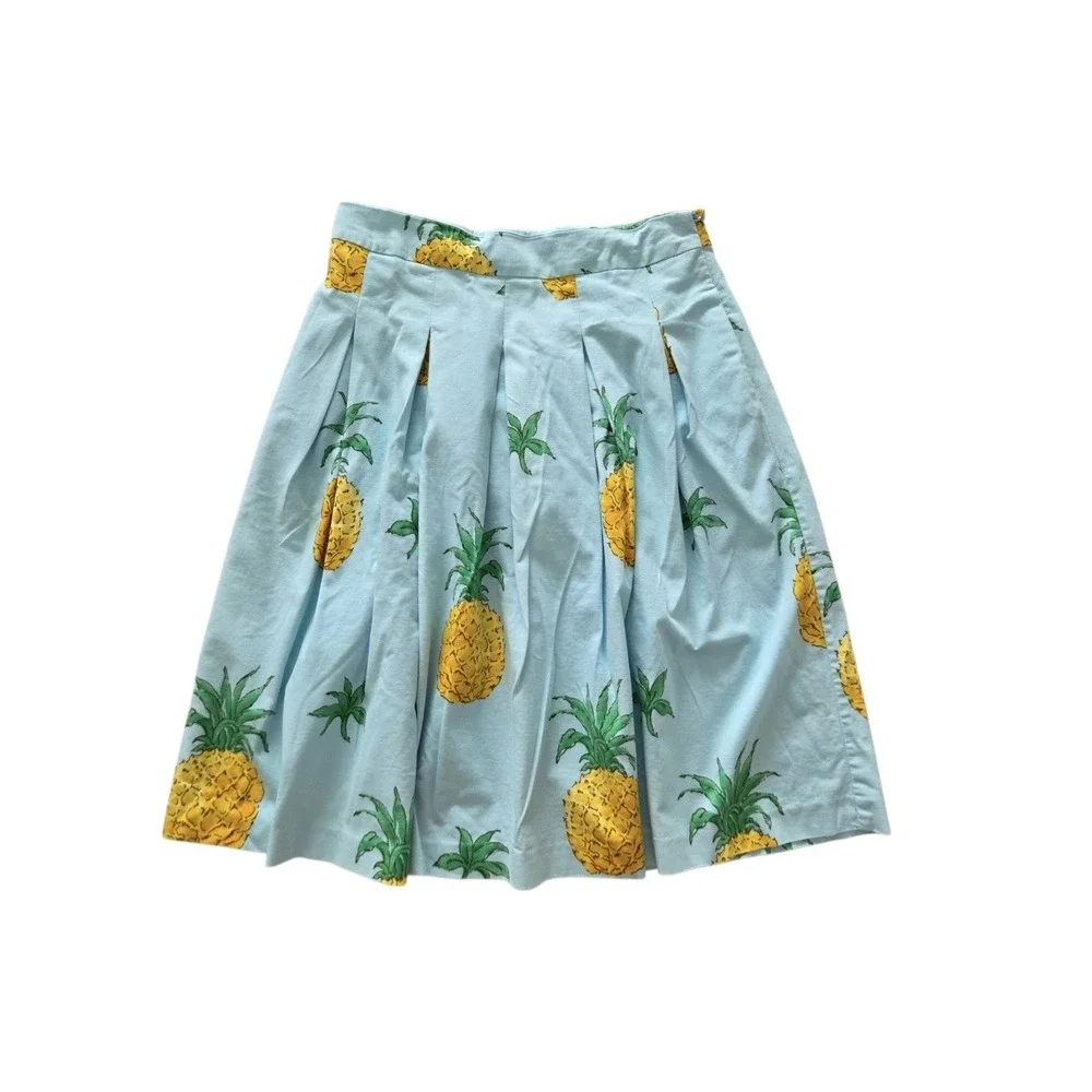 Talbots RSVP Pineapple Pleated Midi Skirt 6 Blue Tropical Cotton A-Line Preppy